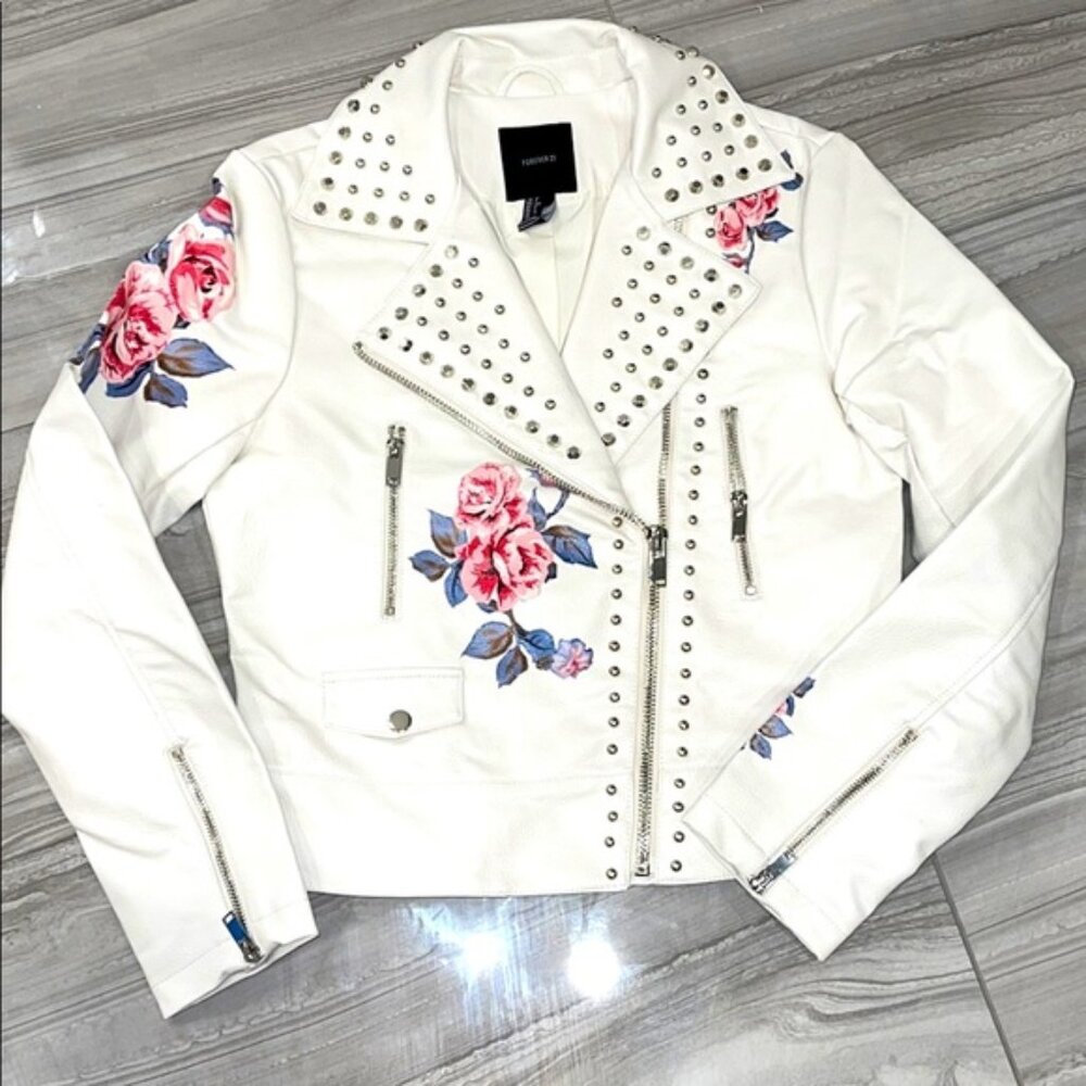 FOREVER 21 - White Faux Leather Studded Jacket With Flowers - NWOT